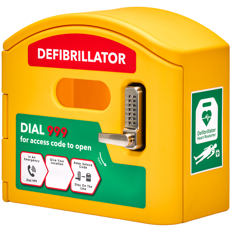 CardioCaddy lockable AED cabinet side and front view (angled) with door closed